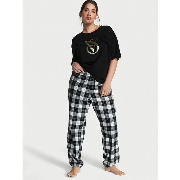 Victoria's Secret Flannel Jogger Tee-Jama Set Black XL Short NEW - Picture 1 of 10